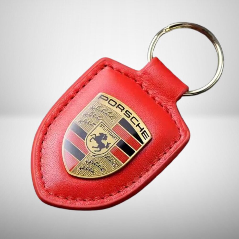 Porsche Crest Key Ring - Red Leather - New